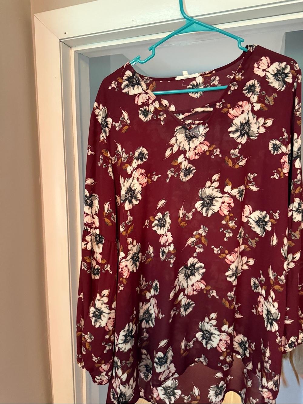 Maurices Burgundy Floral V-Neck Blouse